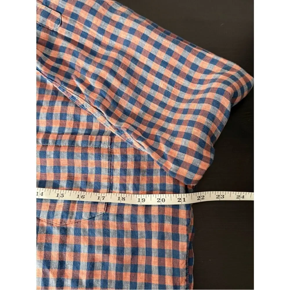 Banana Republic Camden Fit Shirt Men Sz M Blue Pink Check 100% Linen Long Sleeve